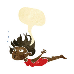 cartoon woman swimming underwater with speech bubble