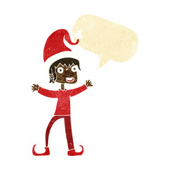 cartoon excited christmas elf with speech bubble