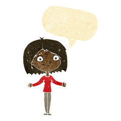 cartoon woman shrugging shoulders with speech bubble