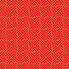 Golden seamless Chinese window tracery lattice geometry square pattern background.
