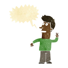 cartoon man making peace sign with speech bubble