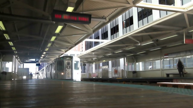 An elevated train arrives at the station and doors open
