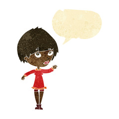 cartoon woman waving with speech bubble