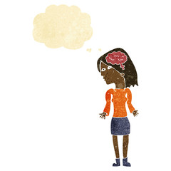 cartoon clever woman shrugging shoulders with speech bubble