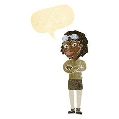cartoon woman with crossed arms and safety goggles with speech b