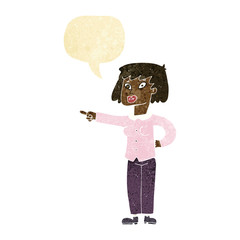 cartoon woman pointing with speech bubble