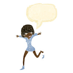 cartoon woman kicking off sock with speech bubble