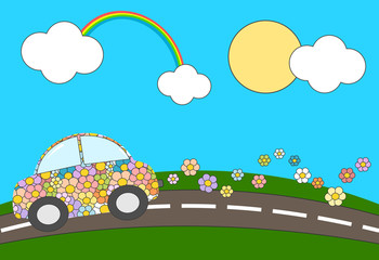 Cartoon flowers eco green car moving in a sunny day concept illustration