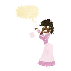 cartoon victorian woman dropping handkerchief with speech bubble