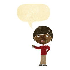 cartoon boy pointing with speech bubble