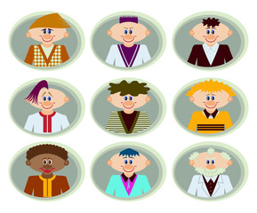 Collection of colored flat avatars with different human. Smiling male faces set. Flat style. Vector illustration