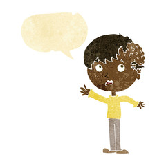 cartoon boy with growth on head with speech bubble