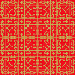 Golden seamless Chinese window tracery lattice geometry square diamond line background.
