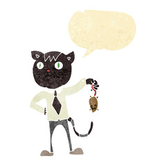 cartoon business cat with dead mouse with speech bubble