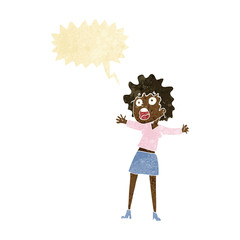 cartoon frightened woman with speech bubble