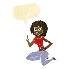 cartoon sitting woman with idea with speech bubble