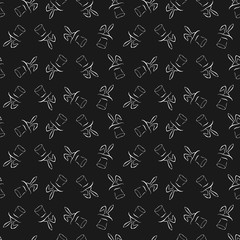 Seamless pattern with cartoon cute outline rabbit in the hat