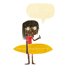 cartoon surfer girl with speech bubble