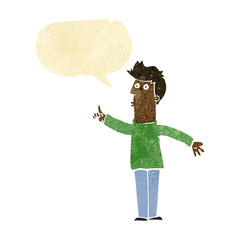 cartoon man advising caution with speech bubble