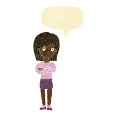 cartoon friendly girl rolling eyes with speech bubble