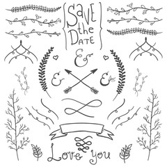 Wedding hand drawn doodles design elements