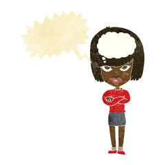 cartoon woman with folded arms imagining with speech bubble