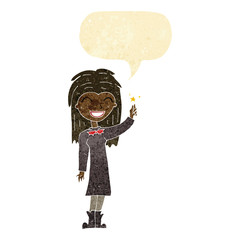 cartoon friendly witch girl with speech bubble