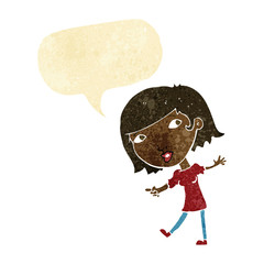 cartoon happy girl gesturing to follow with speech bubble