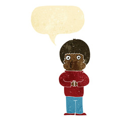 cartoon shy boy with speech bubble