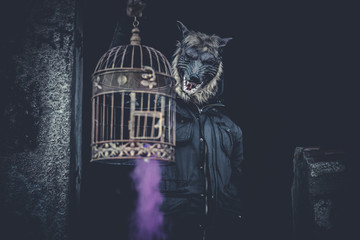 Ugly, man with mask wolf and lamp with colored smoke