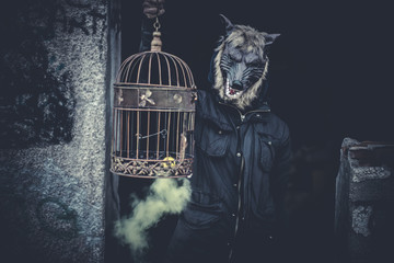 Ugly, man with mask wolf and lamp with colored smoke