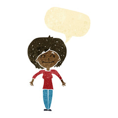 cartoon woman shrugging shoulders with speech bubble