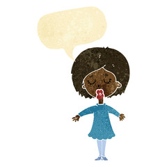 cartoon woman in dress with speech bubble