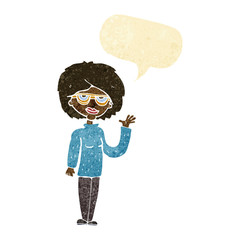 cartoon woman waving with speech bubble