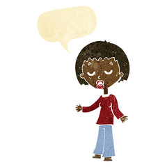 cartoon tired woman with speech bubble