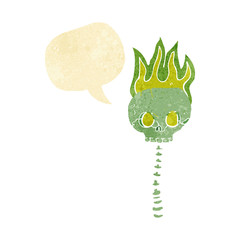 cartoon spooky skull and spine with speech bubble