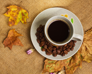 The cup of coffee with maple leaves and everlasting flowers