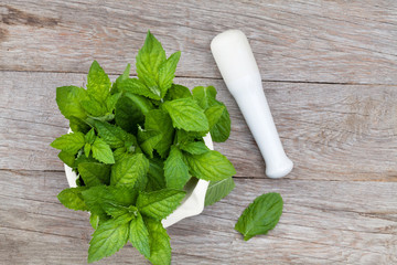 Fresh mint in mortar on garden table