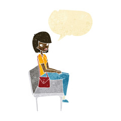 cartoon woman sitting on bench with speech bubble
