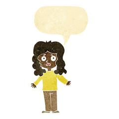 cartoon worried woman with speech bubble