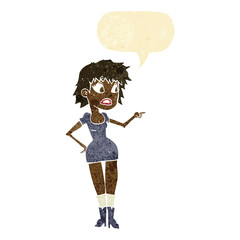 cartoon worried woman in dress pointing with speech bubble