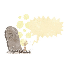 cartoon zombie rising from grave with speech bubble