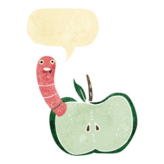 cartoon apple with worm with speech bubble