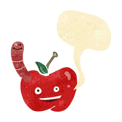 cartoon apple with worm with speech bubble