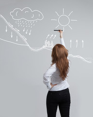 Woman drawing schematic representation of the water cycle in