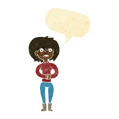 cartoon worried woman with speech bubble