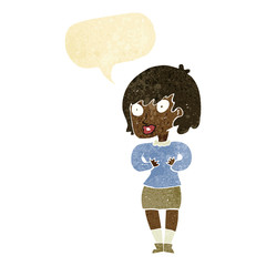 cartoon woman making Who Me? gesture with speech bubble