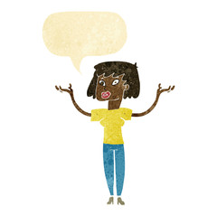 cartoon woman holding up hands with speech bubble