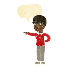 cartoon woman pointing finger of blame with speech bubble