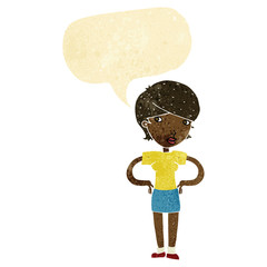 cartoon woman with hands on hips with speech bubble
